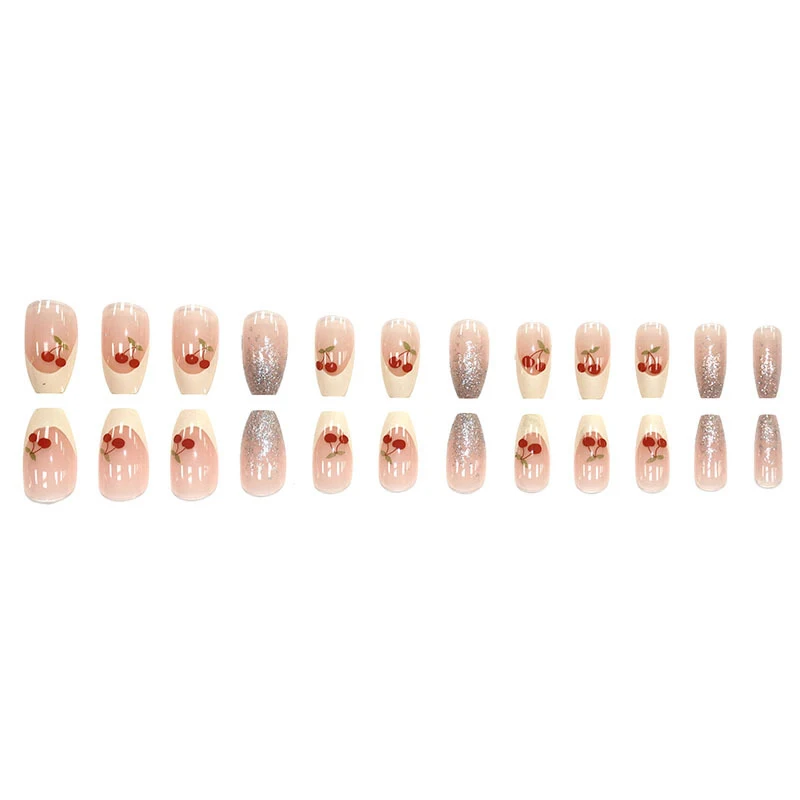 24개입 패션 프렌치 체리 글리터 인조 손톱 젤리 접착제 탈부착 가능 풀커버 프레스온 인조 손톱