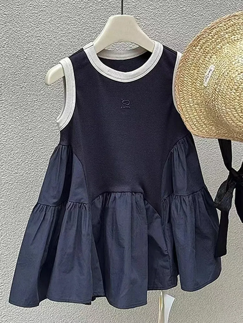 South Korea Children's 2024 New Girls' Dress Summer Casual Splicing T-shirt Skirt Children's Color Contrast Sundress 90-130cm