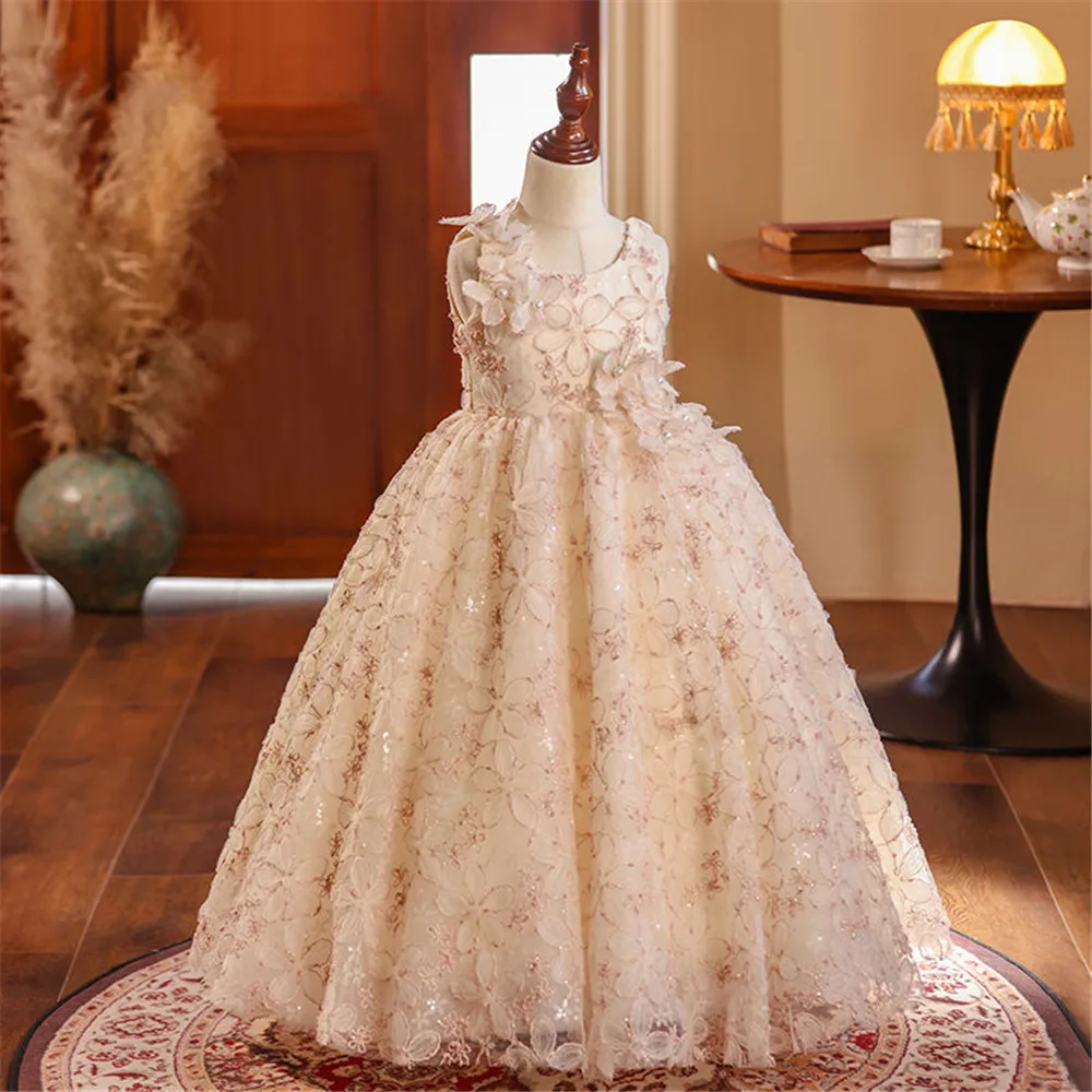 فستان فتاة الزهور لحفلات الزفاف الوردية المخصصة منتفخ أول مناولة لطيفة للأطفال بدون أكمام بطبقات لحفلات أعياد الميلاد #1