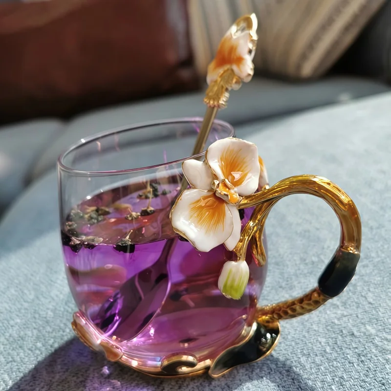 

Enamel Colored Glass Water Cup Exquisite Design Phalaenopsis Style Simple Elegant Classic Collectible Gift Series Ornaments