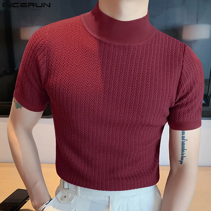 2023 Men T Shirt Solid Color Turtleneck Short Sleeve Men Clothing Fitness Streetwear Korean Style Casual Tee Tops S-5XL INCERUN