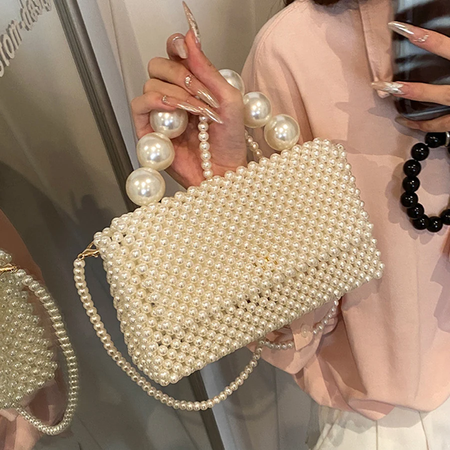 Handmade Woven Beaded Pearl Crossbody Bags For Women Handbags New Small Tote Trend Beach Vacation Phone Clutch Party Dinner Bags