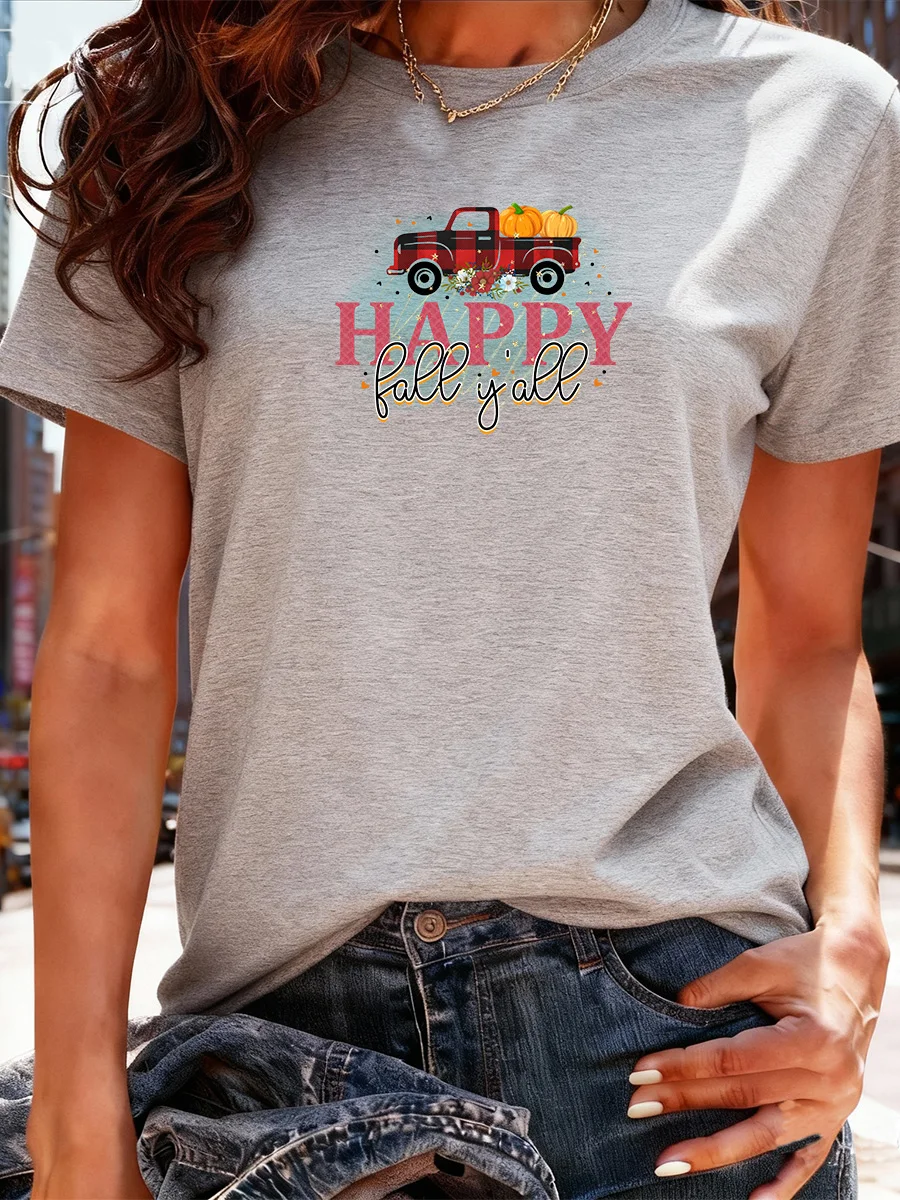 تي شيرت أسود قصير الأكمام "Happy Fall Y'all" برسومات شاحنة اليقطين لملابس الخريف النسائية غير الرسمية #3