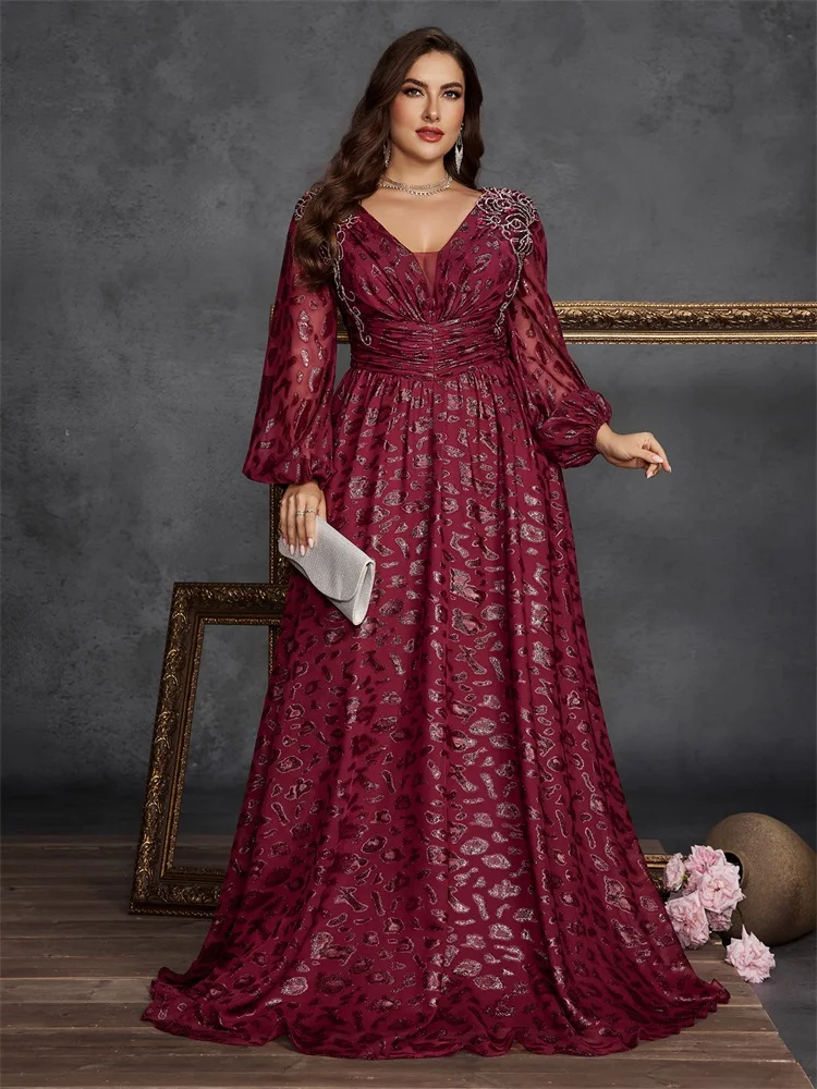 

BLUEPLUM Plus Size Luxury Applique A-line Evening Dresses Women Long Sleeve Formal Sequins Wedding Party Cocktail Gowns