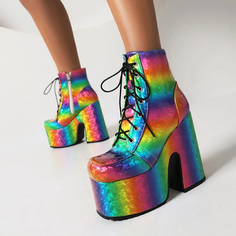 Rainbow Glossy Patent Leather Super Platform Fashion Short Boots Square Toe Super Chunky Heel Punk Style Bat Print Women\'s Boots