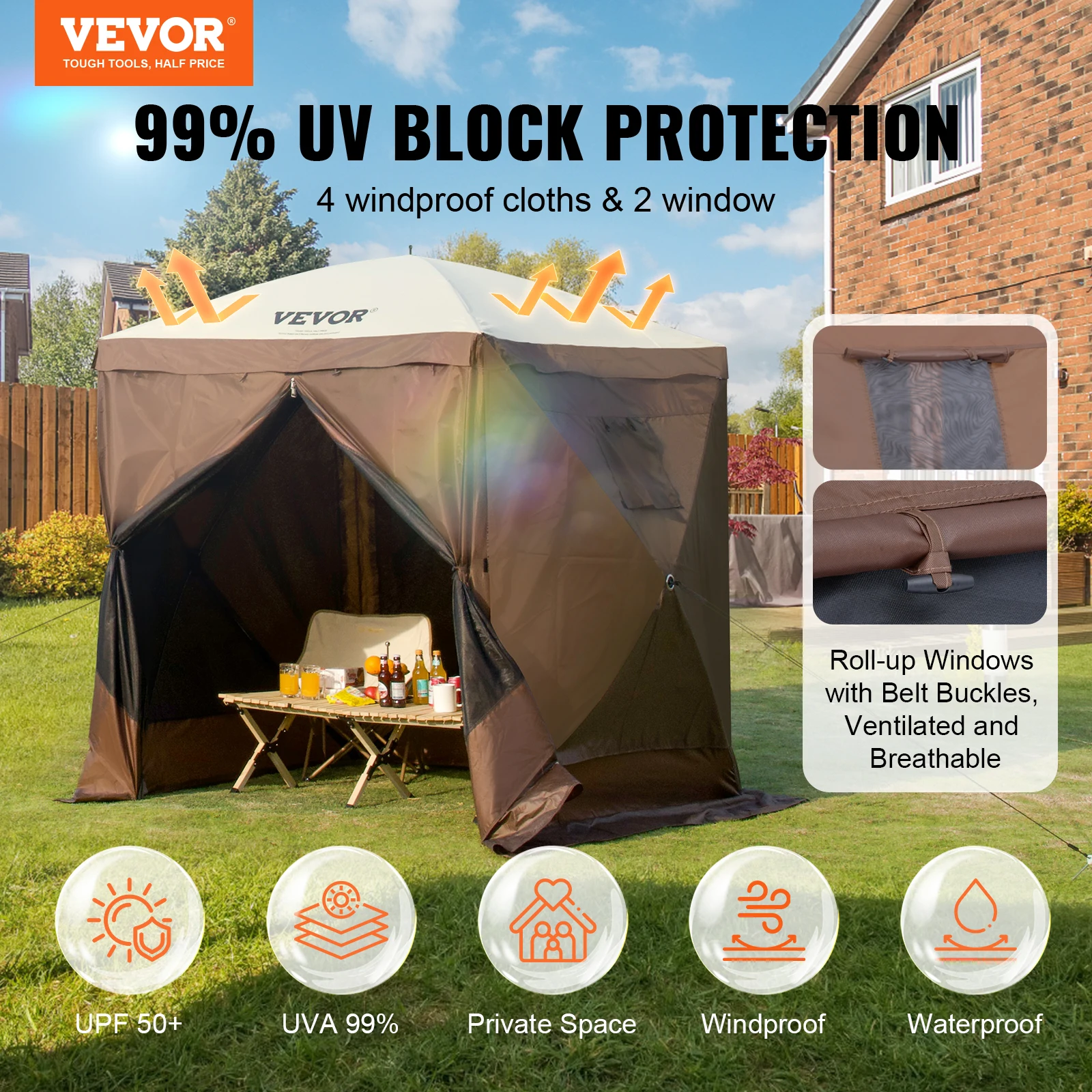 VEVOR Pop-Up Gazebo Tent Summer Screen Tent 6x6FT 4 Sided Canopy Sun Shelter w/Removable Privacy Wind Cloths & Mosquito Netting