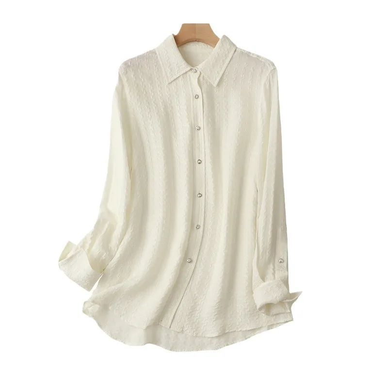 Pure mulberry silk tops Spring fashion new simple POLO collar loose meat-covering shirt