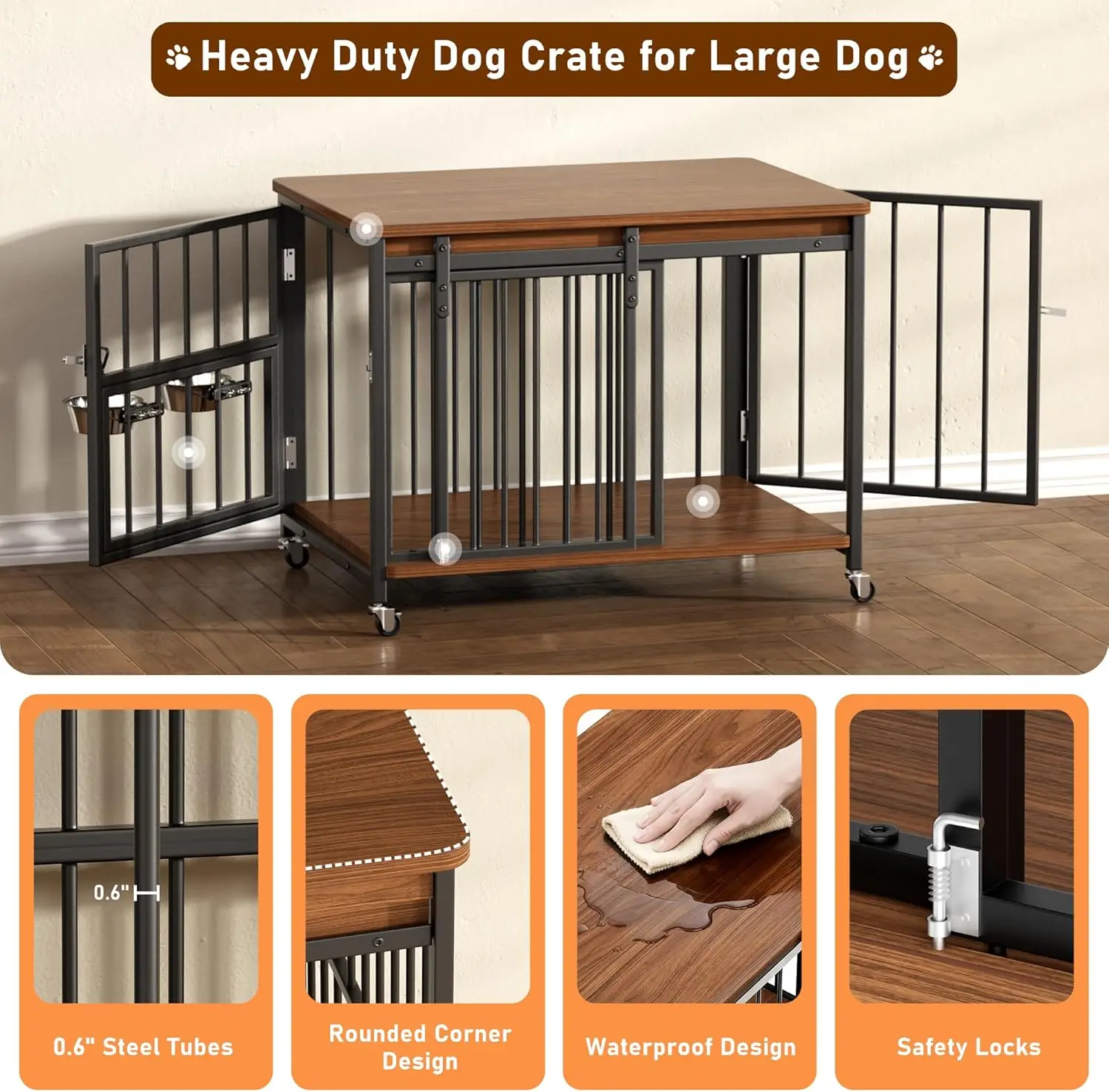 أثاث صندوق الكلاب، بيت كلب خشبي مقاس 32 بوصة داخلي مع باب أمامي منزلق، فتحات متعددة الجوانب ونافذة تغذية بيت قفص الحيوانات الأليفة