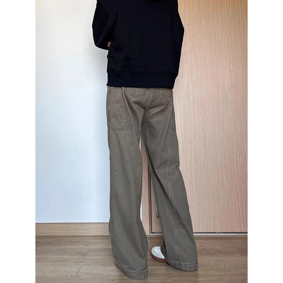 Cargo Pant Men Jeans Wide Leg Denim Pants Floor Length Loose Casual  Splice Button Pocket Solid Straight Trousers Autumn Winter