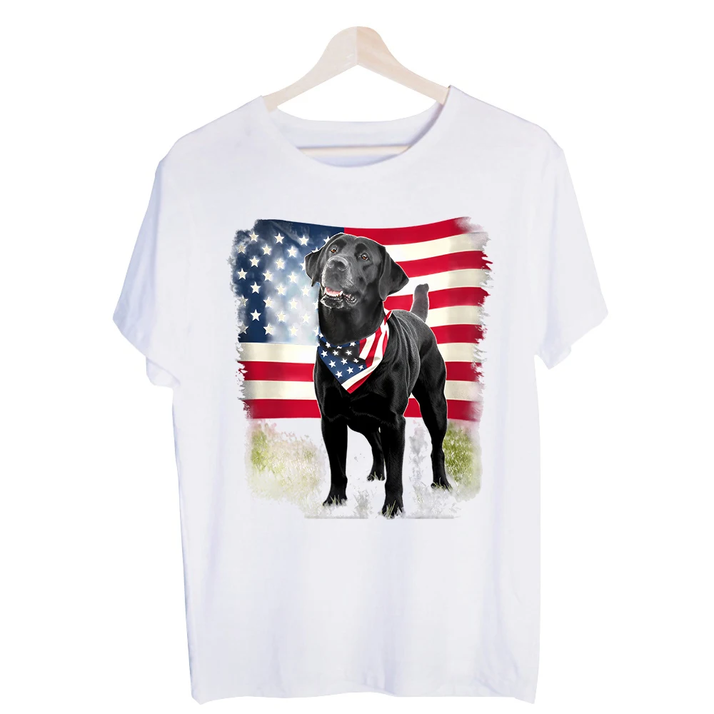 Men's Black Labrador Dog with American Flag Bandana Graphic Tee, Short Sleeve Crew Neck T-Shirt for Patriotic Casual Wear