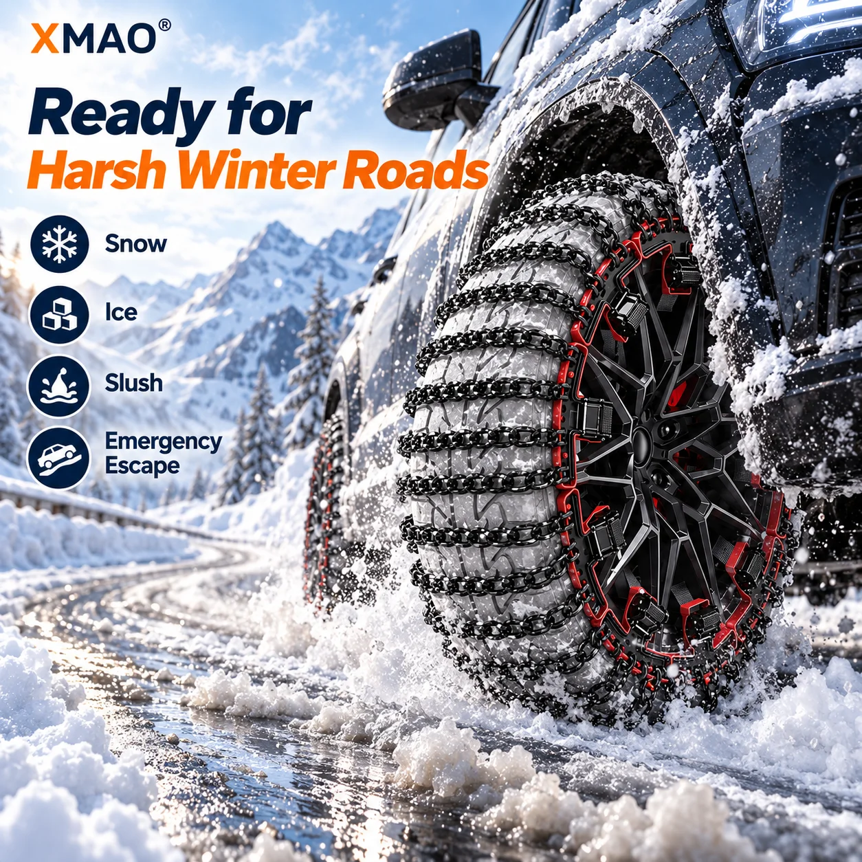 Emergency Tire Snow Chains for SUV Sedan Car, Thickened 4-Chain Steel Anti-Skid Traction with Fast Installation for Snow and Ice