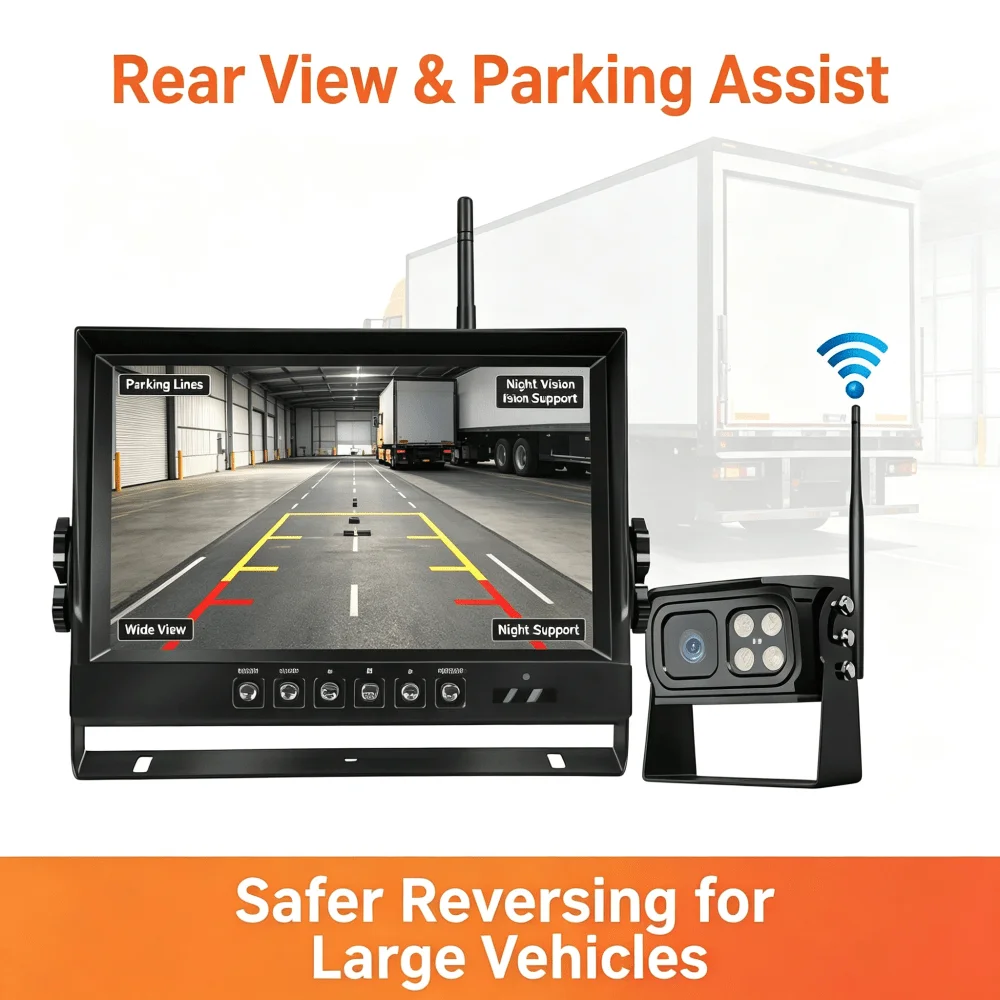 12-24V，IPS Display，9 Inch 4CH Wireless Truck Rear View Monitoring System，DVR Night Vision Backup Camera for Large Vehicles