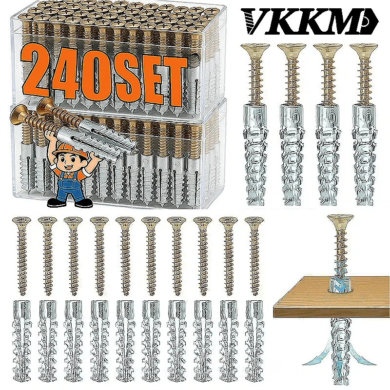 VKKM 240Pcs Ribbed Plastic Wall Anchors Kit, Self-Tapping Expansion Anchors with Screws, Suitable for Drywall, Concrete, Brick, DIY Home Hanging