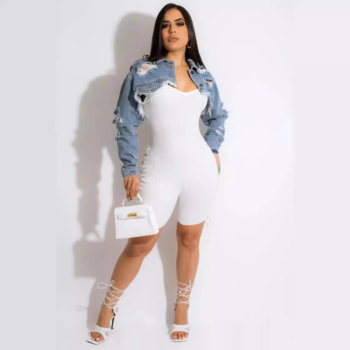 Abrigo vaquero para mujer, Chaqueta corta Sexy con agujeros desgastados y cuello vuelto, prendas de vestir exteriores de otoño con una hilera de botones, ropa de calle