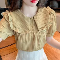 2024 Summer New Korean Sailor Collar Chiffon Shirt Women's Fashion Versatile Solid Color Spliced Folds Button Puff Sleeve Blouse