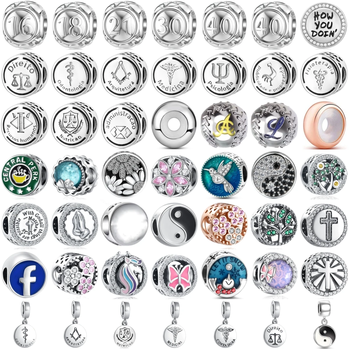 925 Sterling Silver Charms Beads Number Symbol Yin Yang Cross Unicorn Butterfly Hummingbird Daisy Tree Coffee DIY Women Jewelry