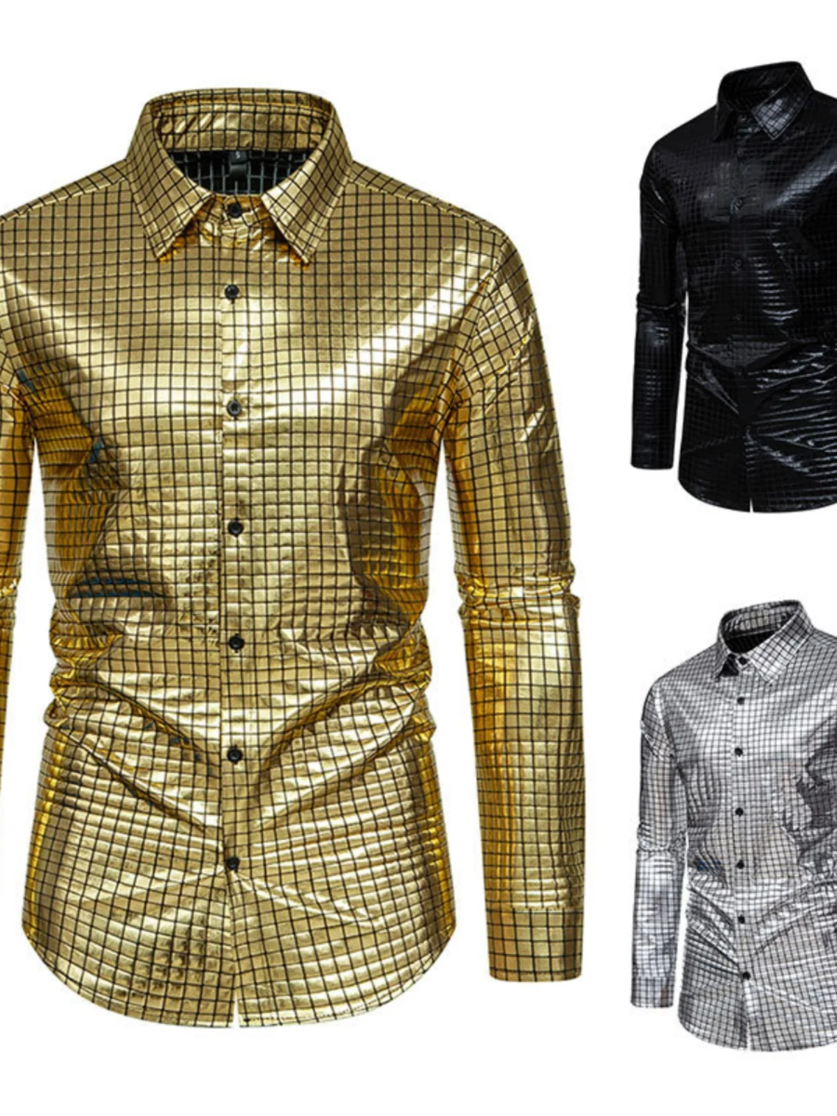

Men's Long Sve irt Gold Emed Stage Performance Loose Fit Dancewear Autumn Season No Ironing Required Square Collar