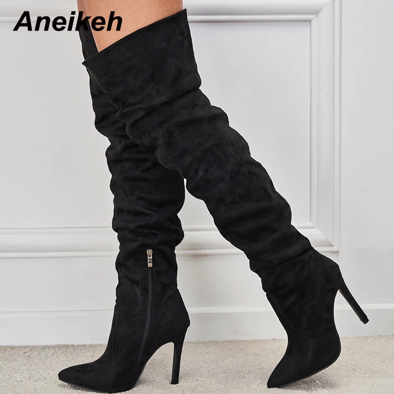 Aneikeh Women's Fashion Trend Pointed Toe Thin Heel Over Knee Boots 2024 Spring/Autumn Flock Splicing Side Zipper Chelsea Boots