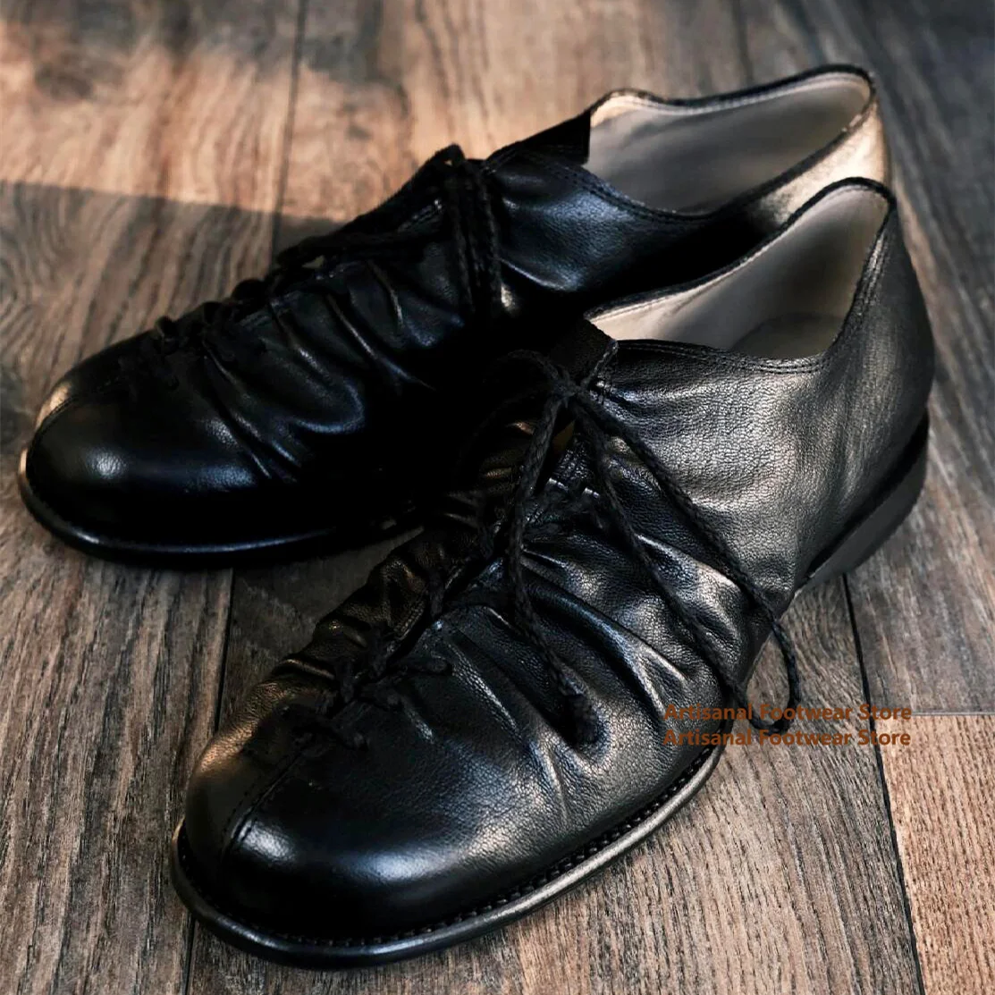 Wrinkled Design Soft Leather Men's Derby Shoes Black Leather Lace Up Shoes Trendy Handmade Men's Shoes Retro Single Shoes