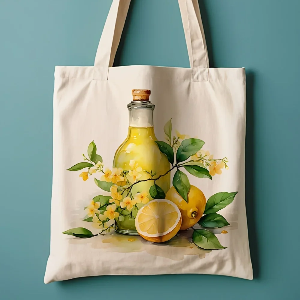 1pc of a Stylish Lemon Blossom And Citrus Canvas Tote Bag, Measuring 13.8 by 40.13 cm, Designed for Everyday Use As a Reusable S