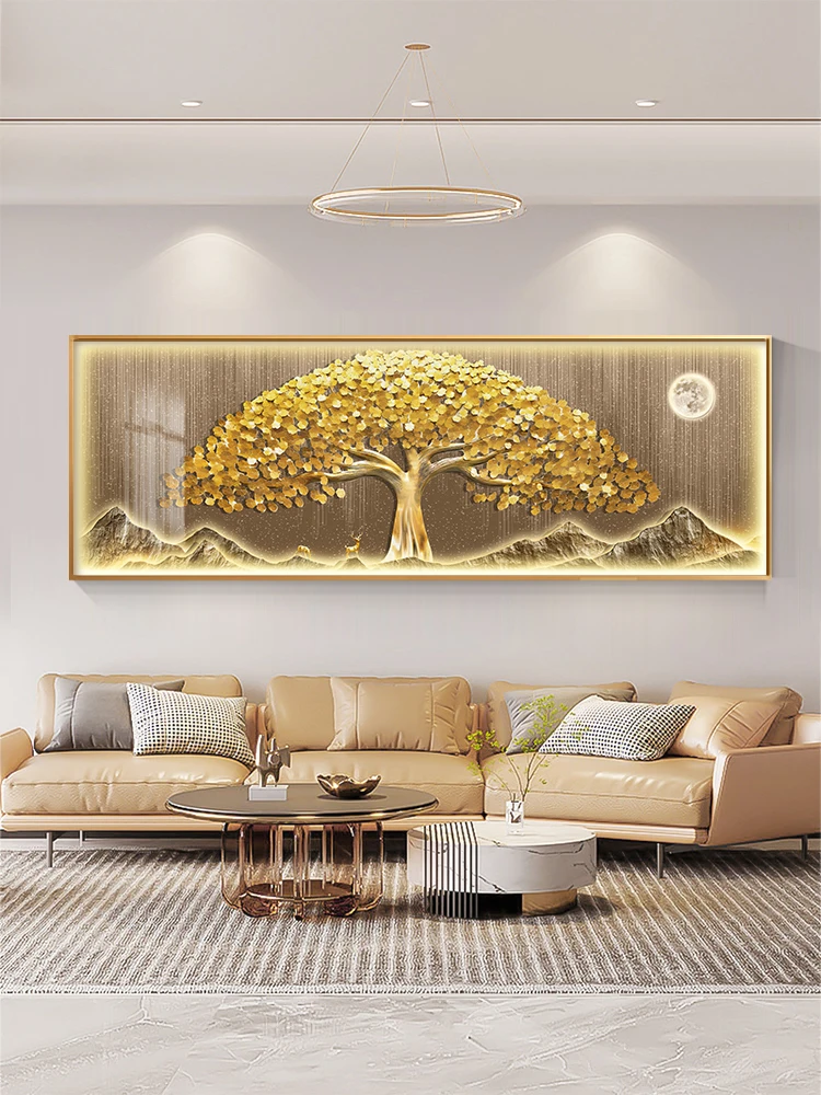 The living room is decorated with modern backgrounds and grand high-end mural lights, symbolizing the auspicious tree