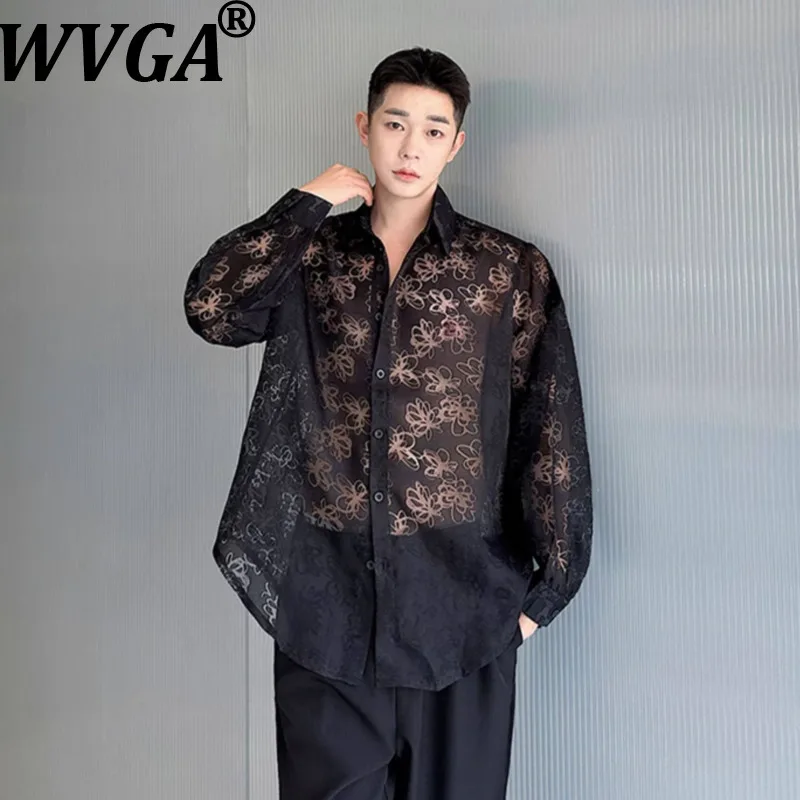 

WVGA Summer New Men Tide Trendy Fashionable Personality Lace See-through Long Sleeve Shirt Niche Chic Casual Tops Ins Y2K W19527