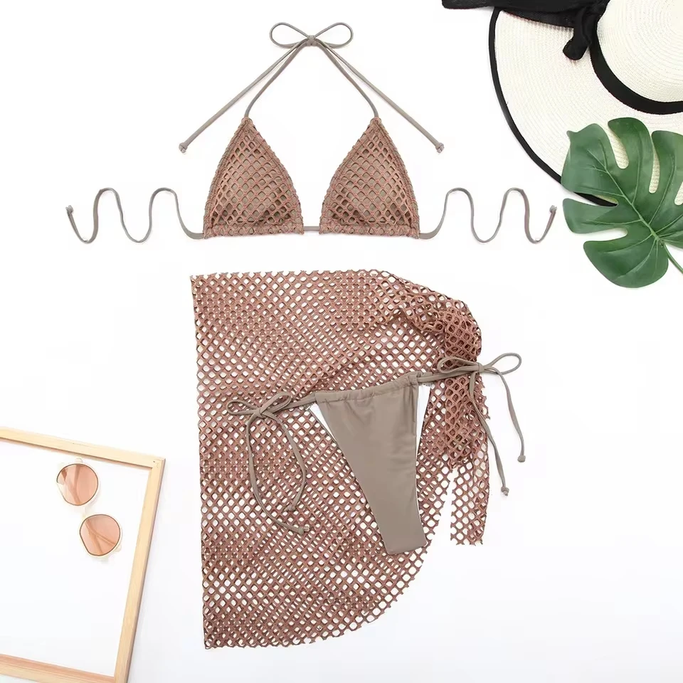 Three Piece Swimsuit Triangle Top Bikini Set Net Swimwear Solid Swimming Suit for Women Bathing Suit Brazilian Biquinis