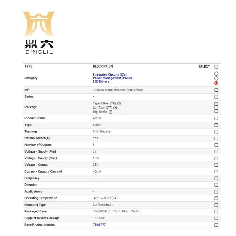 TB62777FNG,C8,EL  IC LED DRIVER LINEAR 40MA 16SSOP TB62777FNG,C8,EL  LED Driver IC