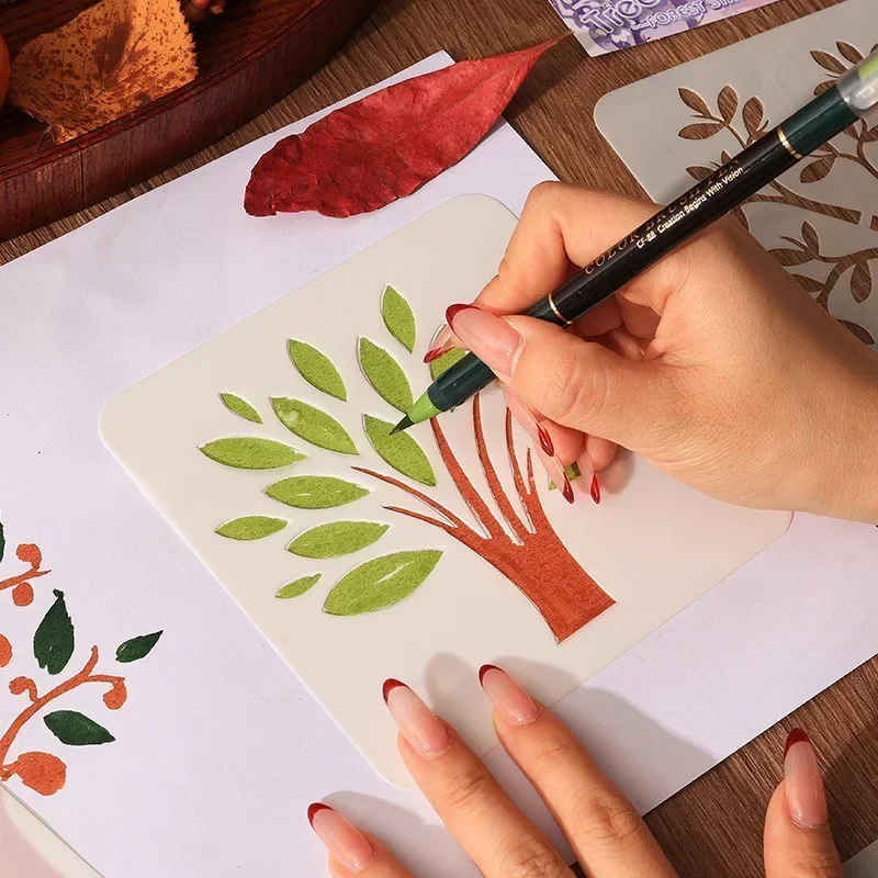 6Pcs Cartoon Leaf Tree Waterproof PVC Stencils Children Drawing Spray Hollow Template Scrapbooking Journal Making Card Supplies
