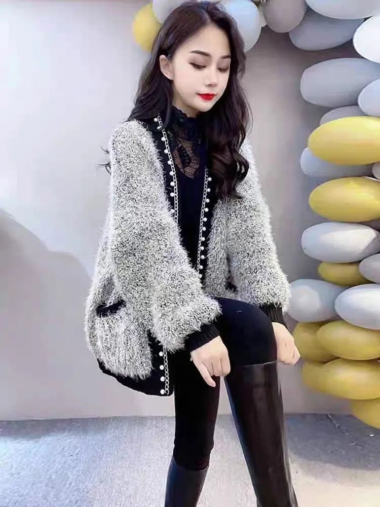 

Gray Tweed Style Open Cardigan Women's Loose Knitted Mink Sweater Autumn Winter New Arrival Crystal Velvet Long Sleeve Coat