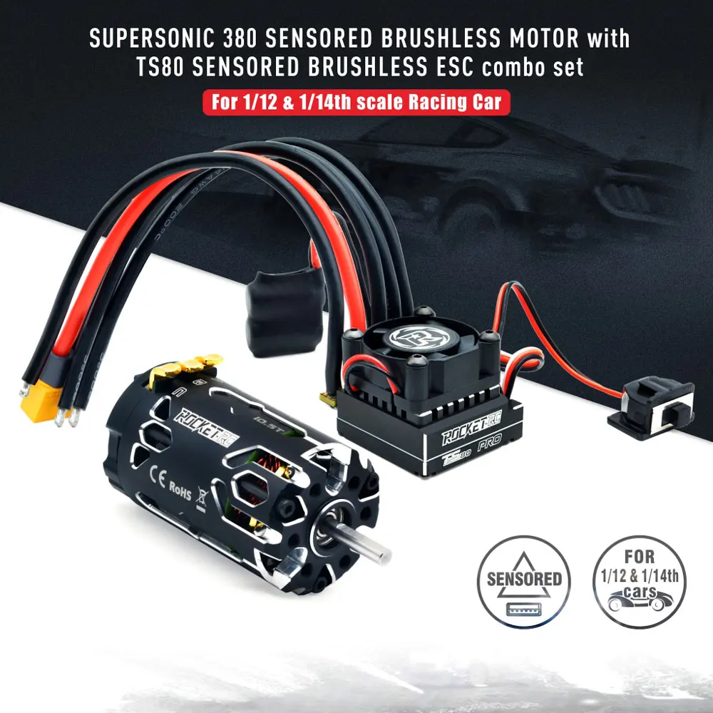 Surpass Hobby Rocket-RC Supersonic 380 8.5T 10.5T 13.5T 17.5T Brushless Sensored Motor with 80A ESC for 1/12 1/14 RC Car