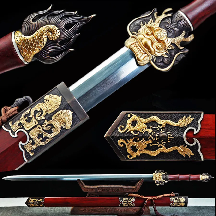 Very Beautiful Auspicious Gold Dragon Folded Steel Redwood Jian Octahedral Double Edge Sword