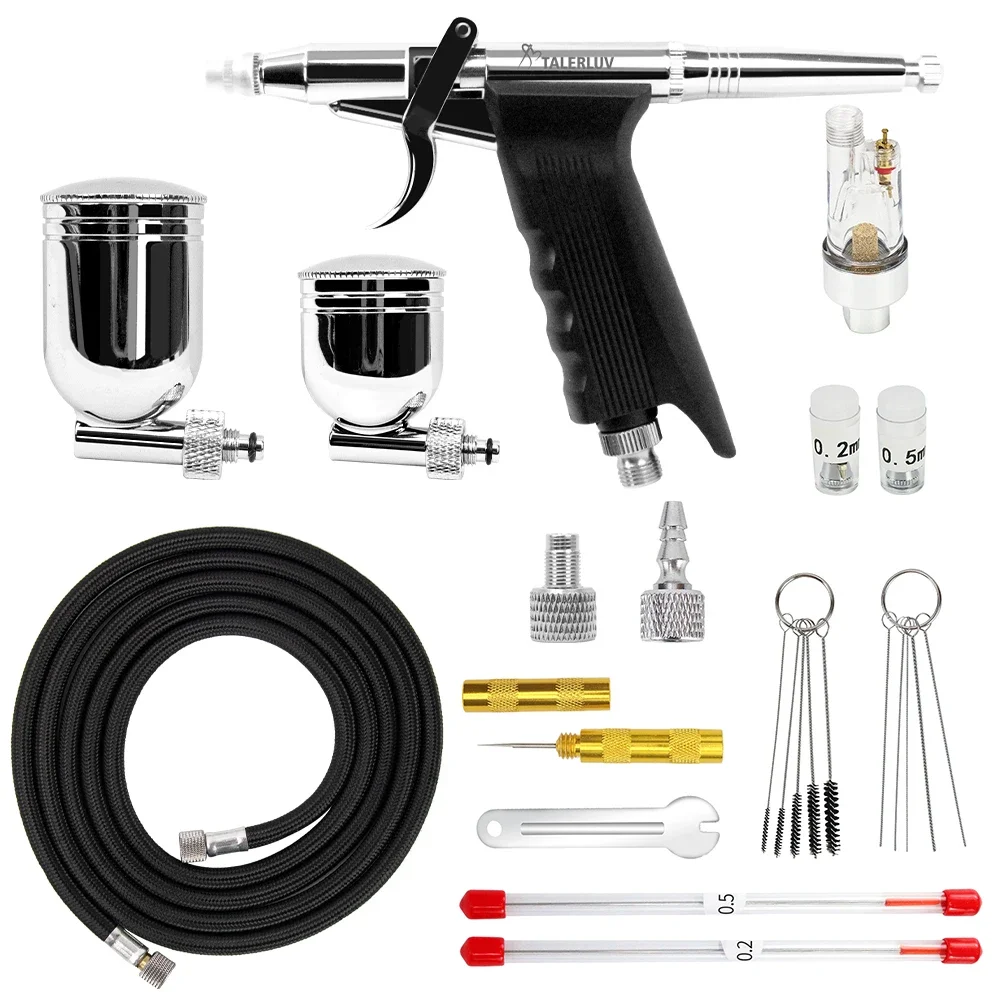 Precision Dual-Action Airbrush Kit with 0.2/0.3/0.5mm Needles 7cc/12cc Cup Air Hose Cleaning Kit for Cake Nail Art Tattoo Makeup