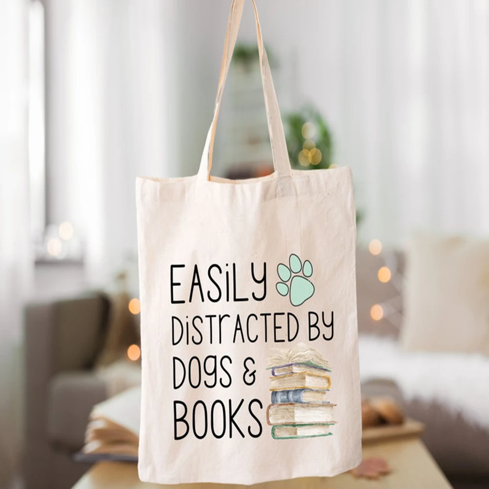 

Personalized Book Tote Bag Custom Text Cute Dog Paw Canvas Bag Reader Gift Library Shopping Tote Literary Book Club Shoulder Bag