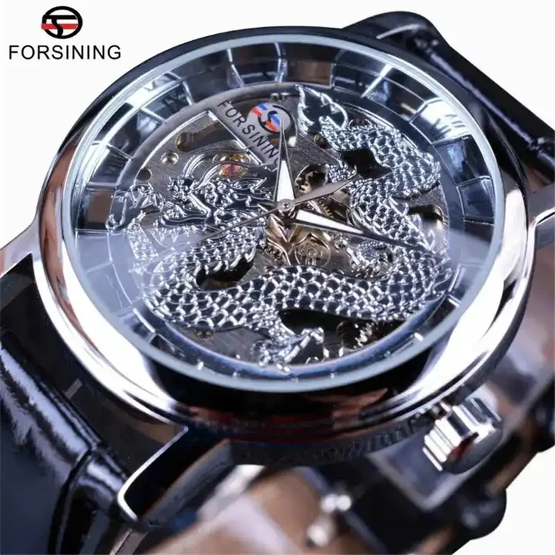 Forsining 36 Leather Mens Watches Top Brand Luxury Transparent Skeleton Dragon Mechanical Sport Male Wrist Handwinder WristWatch