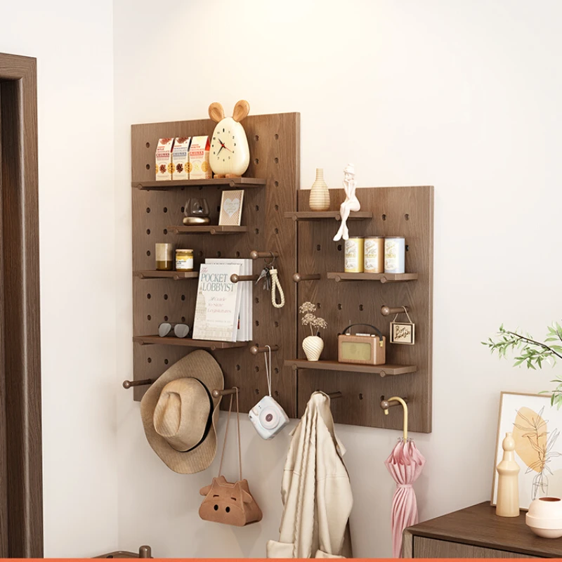 

Solid wood hallway wall shelves with holes, display shelves at the entrance, bookshelves hanging on the wall, partition