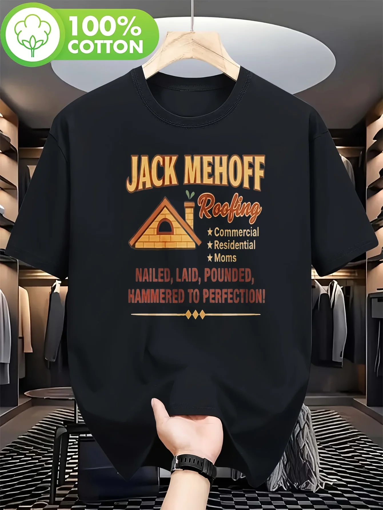 Jack Mehoff Roofing T-Shirt Funny Inappropriate Roofing Slogans & Gag Gift for Contractors 100%, High Stretch, Regular Fit, Crew
