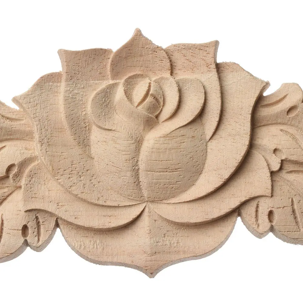 

Unpainted Door Adornment Furniture Ornament Woodcarving Rose Flower Corner Appliques Wooden Crafts Floral Carved