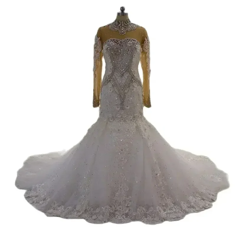 

Индивидуальное свадебное платье ручной работы с кристаллами и бисером, силуэт «русалка», шлейф, высокий воротник, иллюзия открытой спины, 3D аппликации