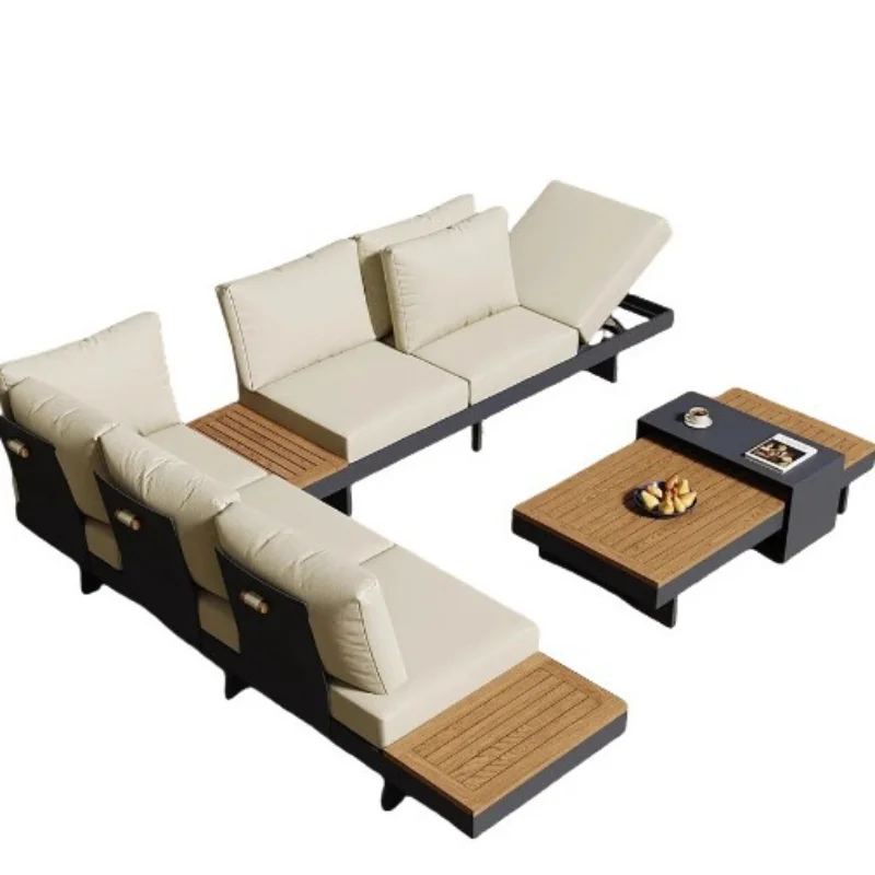 

Outdoor sofa courtyard teak, aluminum alloy waterproof, sunscreen coffee table combination, open-air solid wood sofa