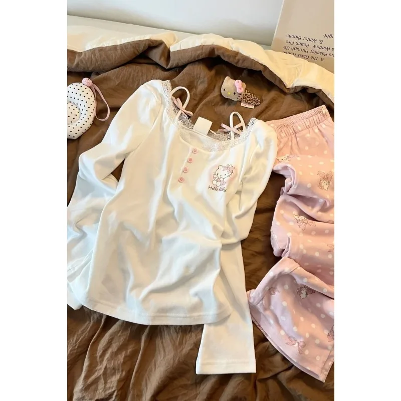

Женская футболка с длинными рукавами и принтом Hello Kitty, базовый слой из чистого хлопка Y2k, женская одежда, милые топы с вырезом на подтяжках и кружевной отделкой