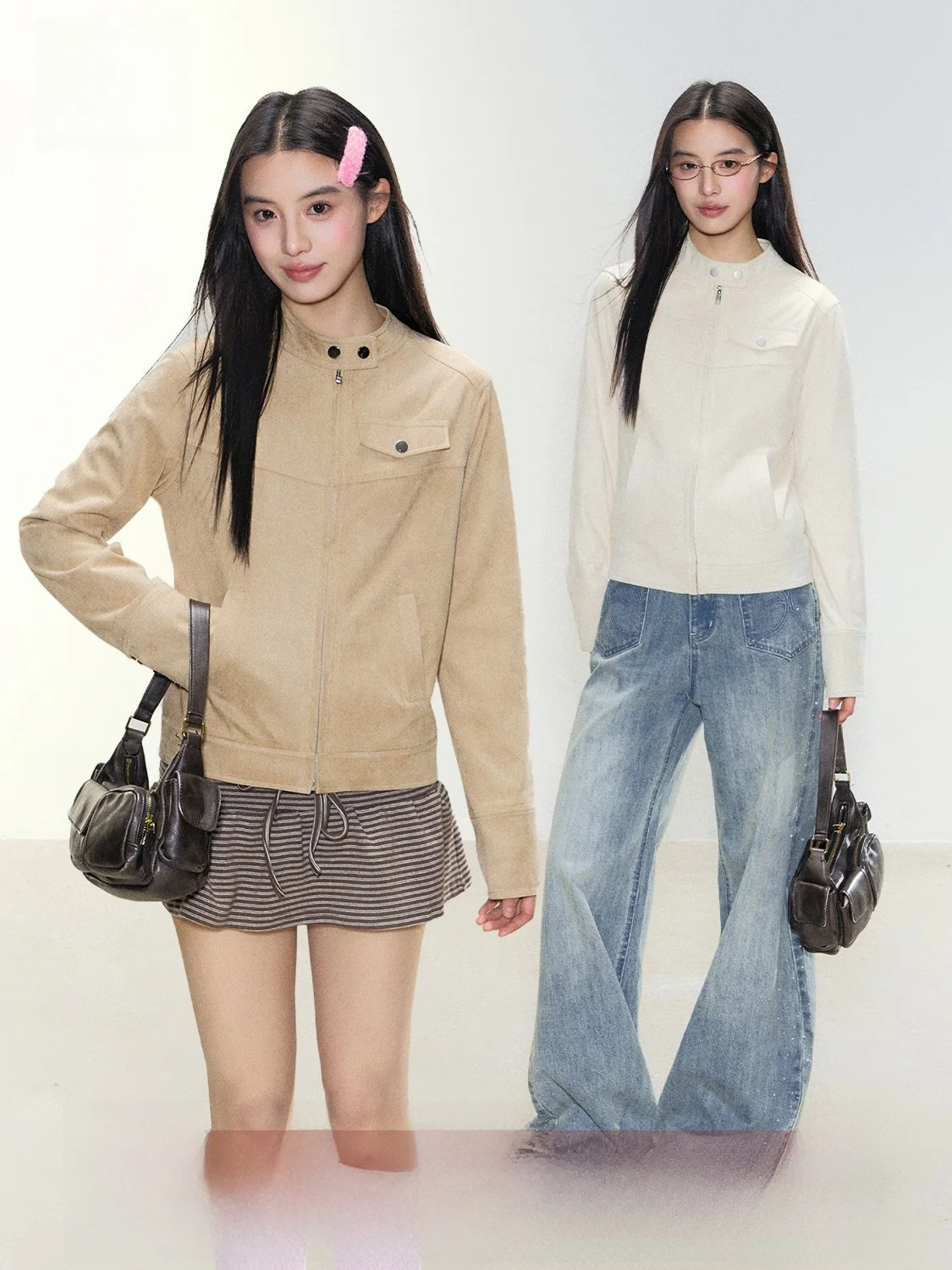 

Slim Fit Biker Jaet ort Waist Cinching Stand Collar Suede Leather Jaet Women's Casual Sle Faion Outerwear Top