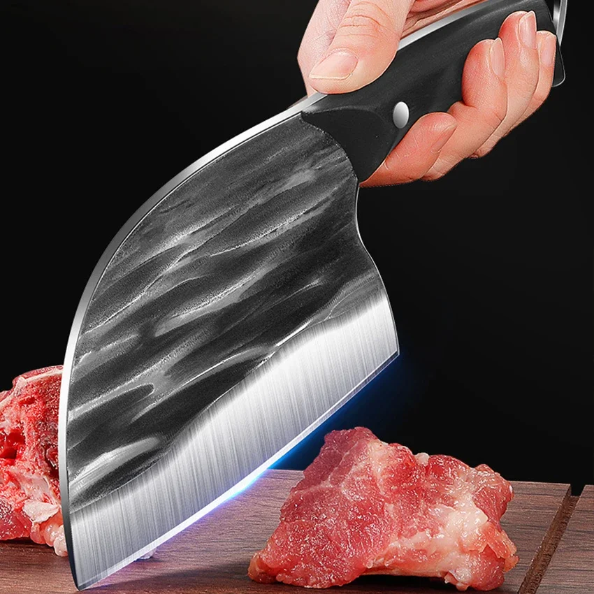 Hand Forged Meat Cleaver Butcher Knife High Carbon Steel Bone Chopping Knife Dual-purpose Slicing Chef Cutting for Outdoor BBQ