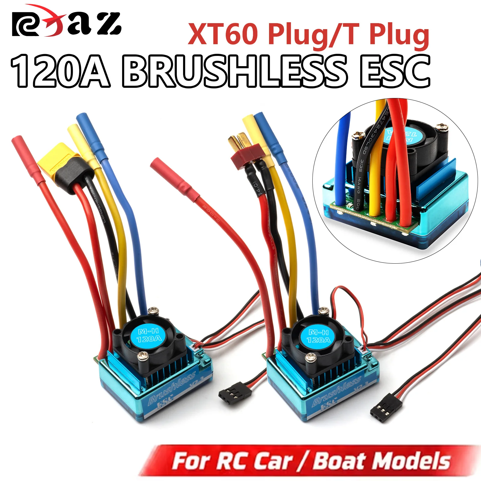 RCXAZ 120A Brushless ESC 2-3S Lipo Electronic Speed Controller with Cooling Fan for 1/10 RC Crawler Buggy Truck Off-Road RC Car