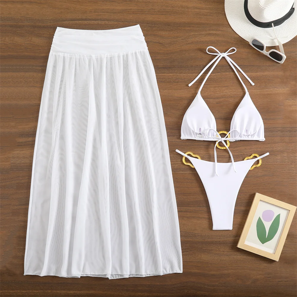 Sexy anéis biquíni triângulo corda maiô sem costas bandagem férias banho de malha saia feminina praia roupa de banho biquinis