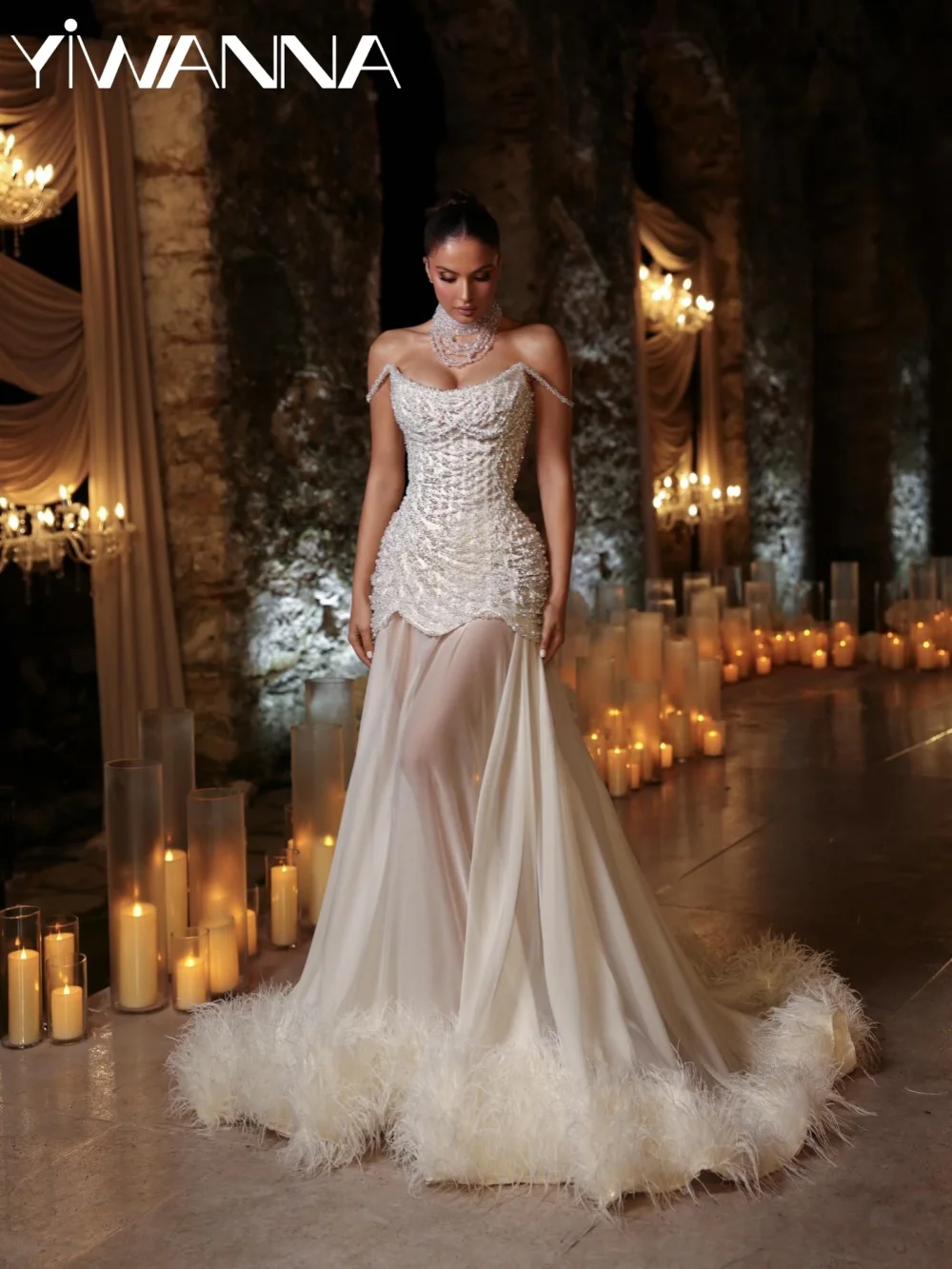 

Роскошное свадебное платье с жемчугом и перьями, со съемным шлейфом, элегантное, без бретелек, с эффектом иллюзии, на заказ для невесты