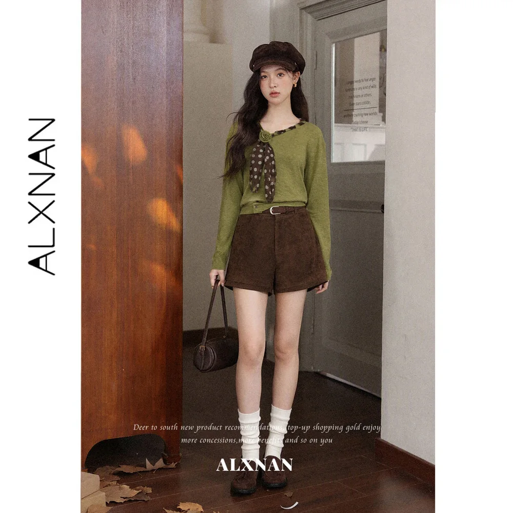 ALXNAN Brown Women's Shorts 2026 New Autumn High Waist Texture Belt Wide-leg A-line Casual Loose-fit Short Pants Ladies L679222A