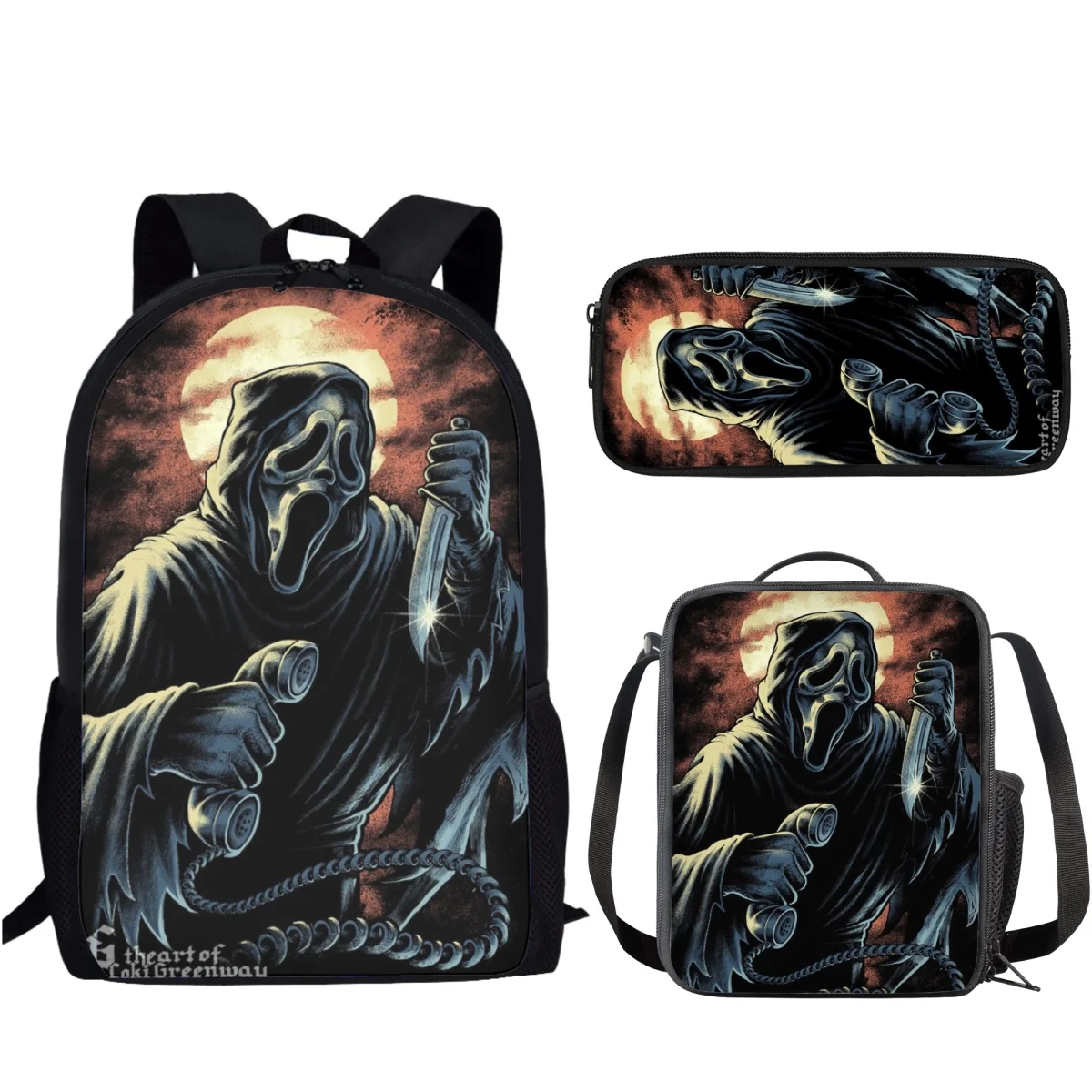 Herror Scream Pattern stampato 3 pezzi/set borsa da scuola per bambini ragazzi ragazze studente campus zaino portaoggetti quotidiano borsa da pranzo borsa per matite