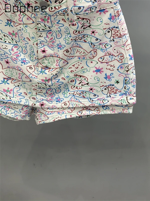 Sweet Cute Cartoon Printed Denim Shorts Women 2025 Summer New High-waisted Slim A-word Short Skirt Street Fashion Sexy Shorts