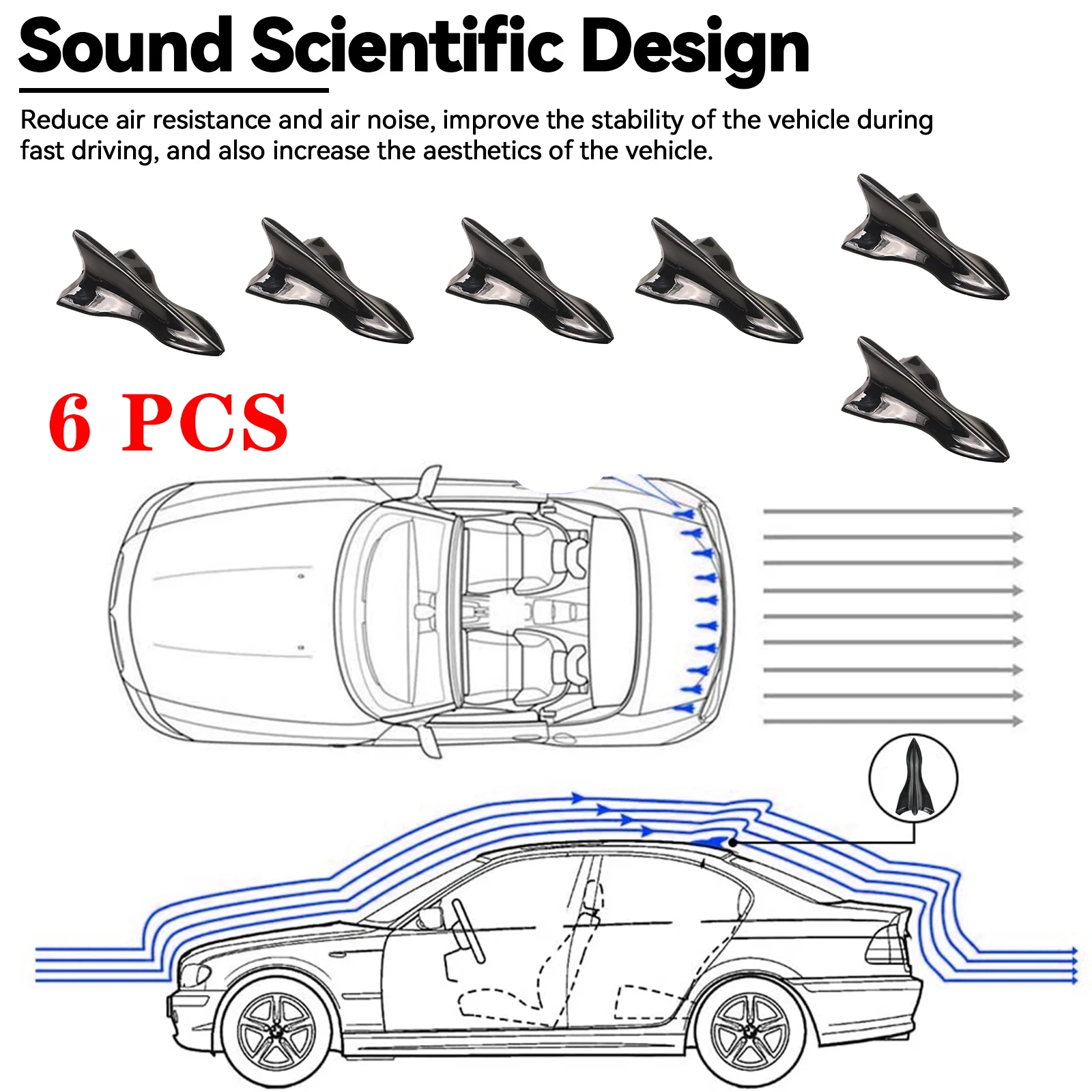 

6Pcs Universal PU Rear Roof Shark Fins Spoiler Wing Kit Car Roof Spoiler Bumper Spoiler Shark Fin Diffuser Vortex Generator